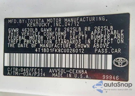 2012 Toyota Camry Hybrid from USA, damaged, VIN 4T1BD1FK8CU026012